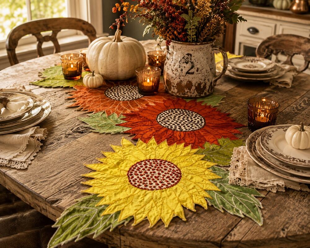 Vintage Sunflower Embroidered Table Runner Fall Harvest Autumn Decor
